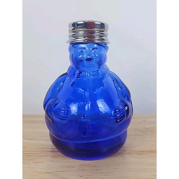 Vtg Cobalt Blue Glass Chef Salt and Pepper Shaker Set 3.25" Fat Men w Bow Tie - Picture 3 of 7